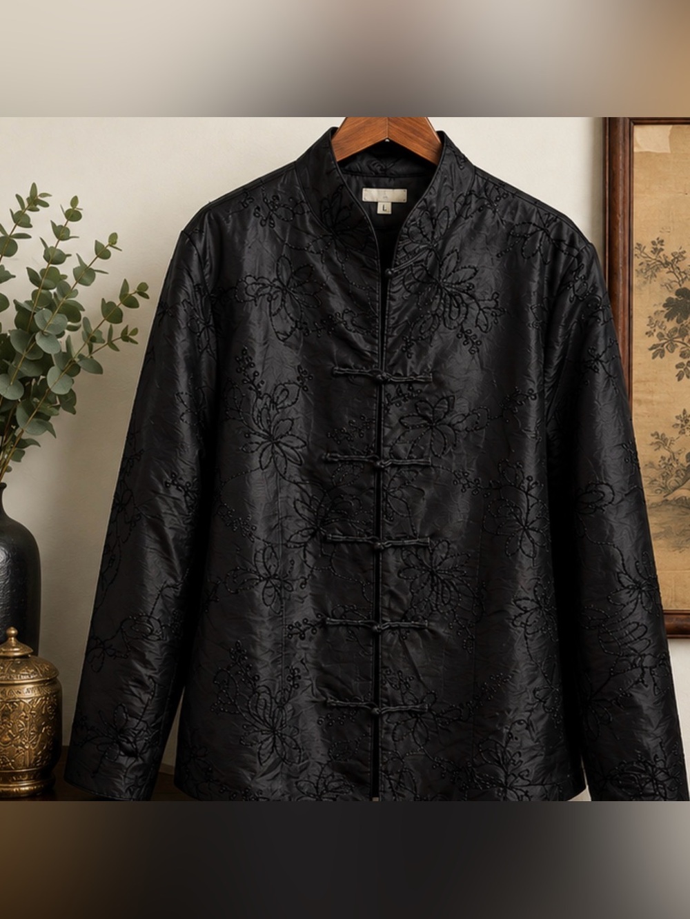 Vintage Mandarin Black Silk Embroidered Jacket / 30yrs old/ Large